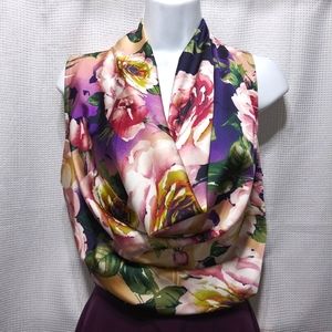 Romantic BOSTON PROPER Roses Silk Like BLOUSE Drape Collar Sleeveless 12